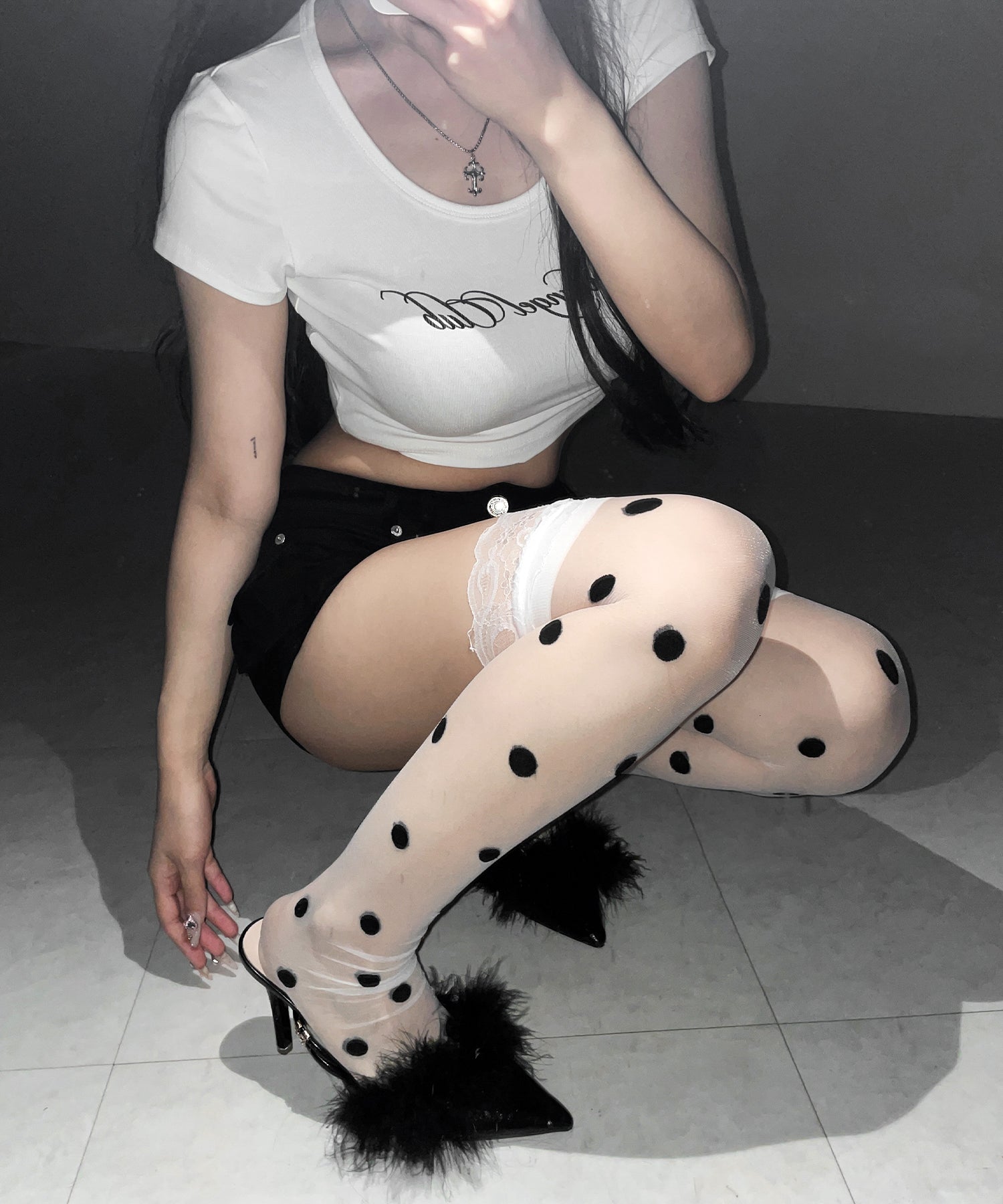 レースドットニーハイシアーハイソックス ／ lace dot knee high sheer high socks