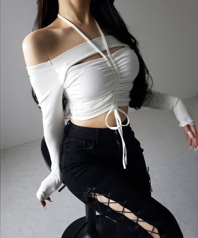 裏起毛カットアウトシャーリングぴちカットソートップス ／ urakimo cutout shirring pichi cutsew tops