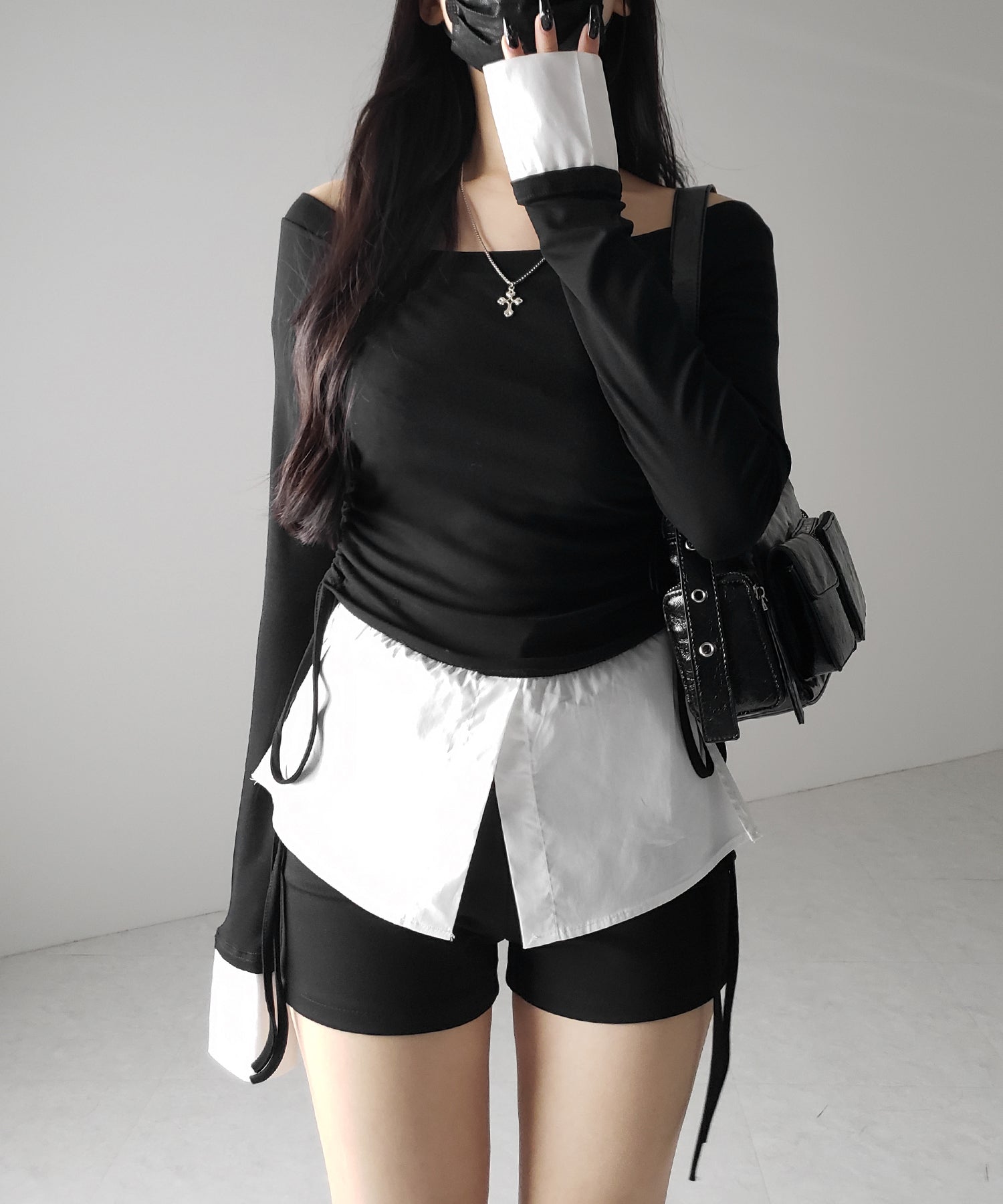 【 ２color ／ ２WAY 】シャツドッキングサイドリボンワンショルトップス ／shirt docking side ribbon oneshoulder tops