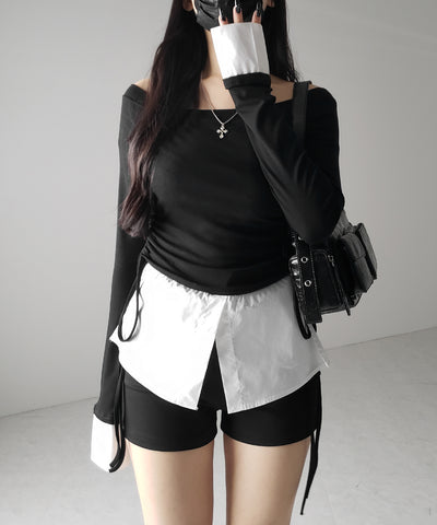 【 ２color ／ ２WAY 】シャツドッキングサイドリボンワンショルトップス ／shirt docking side ribbon oneshoulder tops
