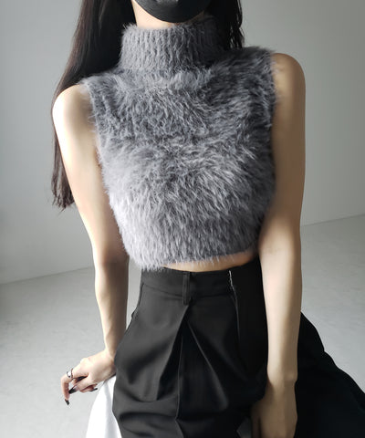 【 ３color 】タートルネックショートシャギーノースリニットトップス ／ turtleneck short shaggy nosleeve knit tops