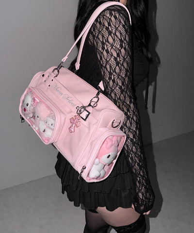 クリアポケット付きレタリング刺繍ショルダーバッグ ／ clear pocket lettering embroidery shoulder bag