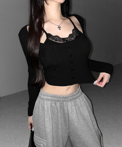 レースキャミスクエアネック長袖リブＴシャツ ／ Lace camisole square neck long-sleeve ribbed T-shirt