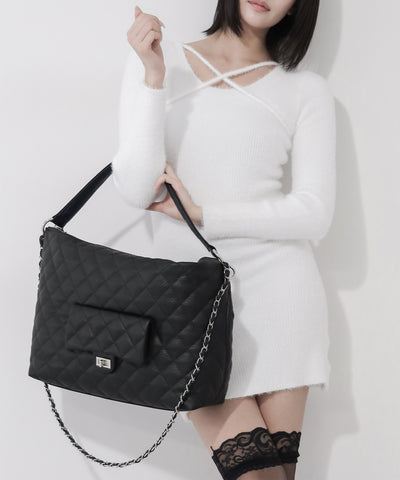 【 ショルダーストラップ付き２WAY 】キルティングスクエアトートショルダーバッグ / quilted square tote shoulder bag