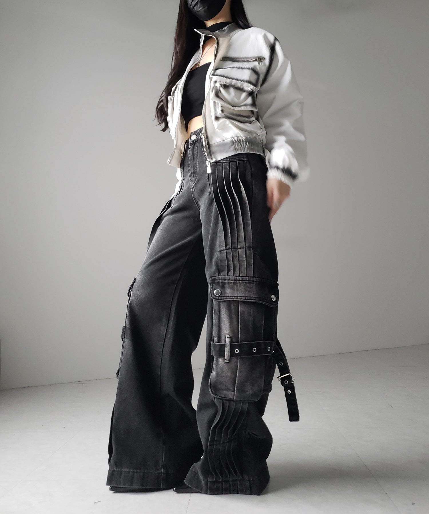 【 ４size 】カーゴプリーツブラックヴィンテージワイドデニム ／cargo pleated black vintage wide denim