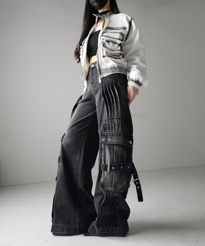 【 ４size 】カーゴプリーツブラックヴィンテージワイドデニム ／cargo pleated black vintage wide denim