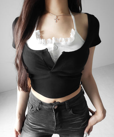 レースレイヤードドッキングスクエアネックＴシャツ ／ Lace layered docking square neck T-shirt
