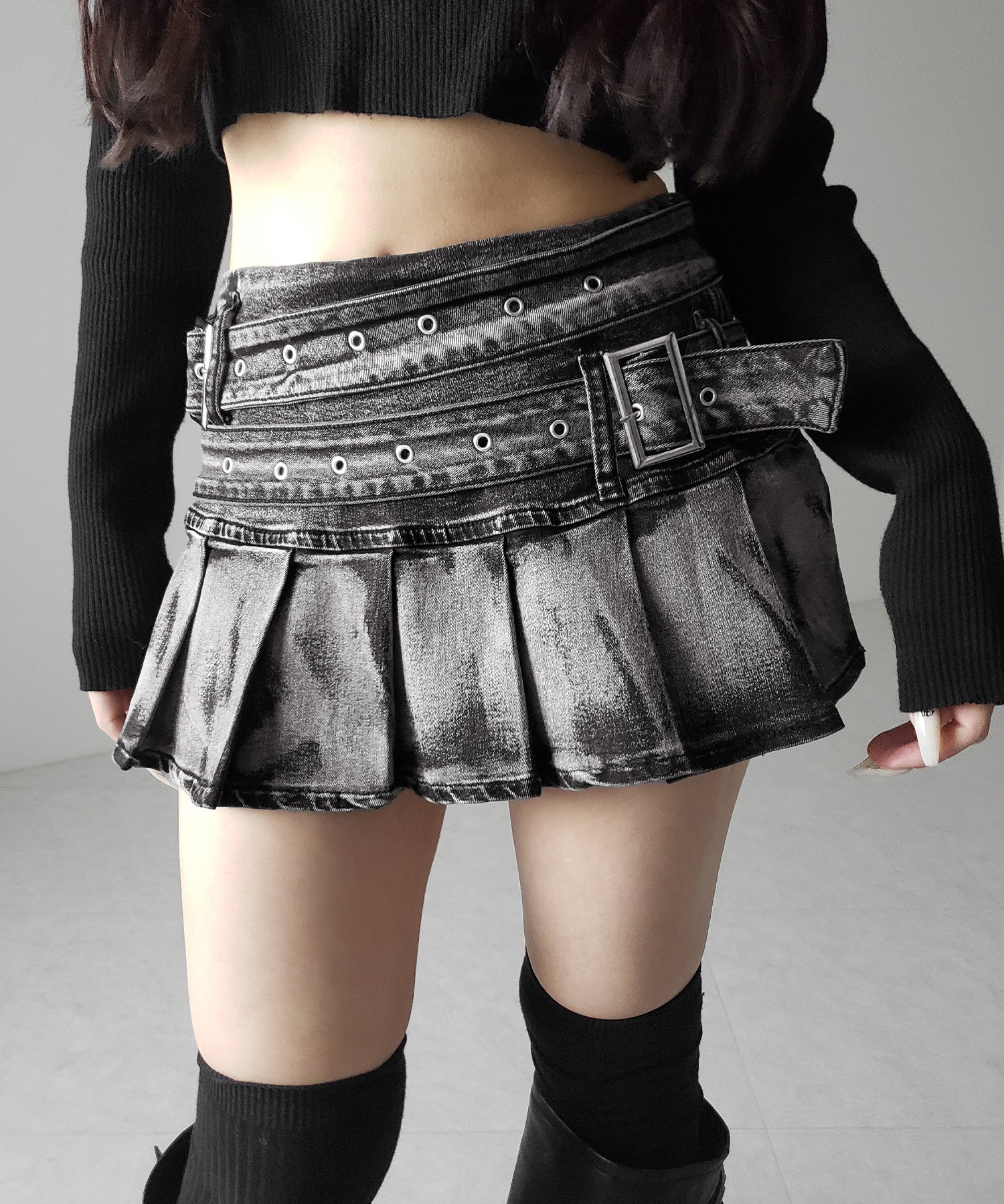 【 インパン裏地付 】ダブルベルトヴィンテージデニムプリーツミニスカート ／ double belt vintage denim pleats mini skirt