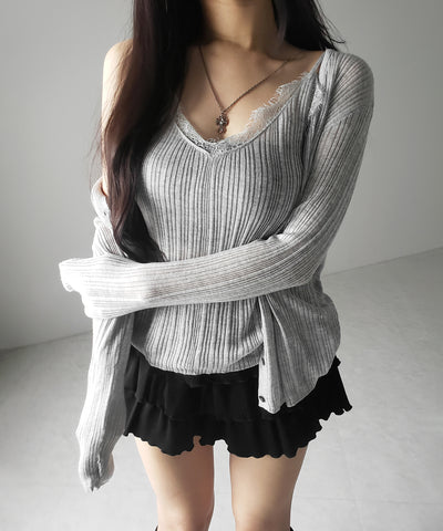 【 ２点セット 】レースニットキャミソール ＋ シアーニットカーディガン SET ／ lace knit camisole + sheer knit cardigan SET