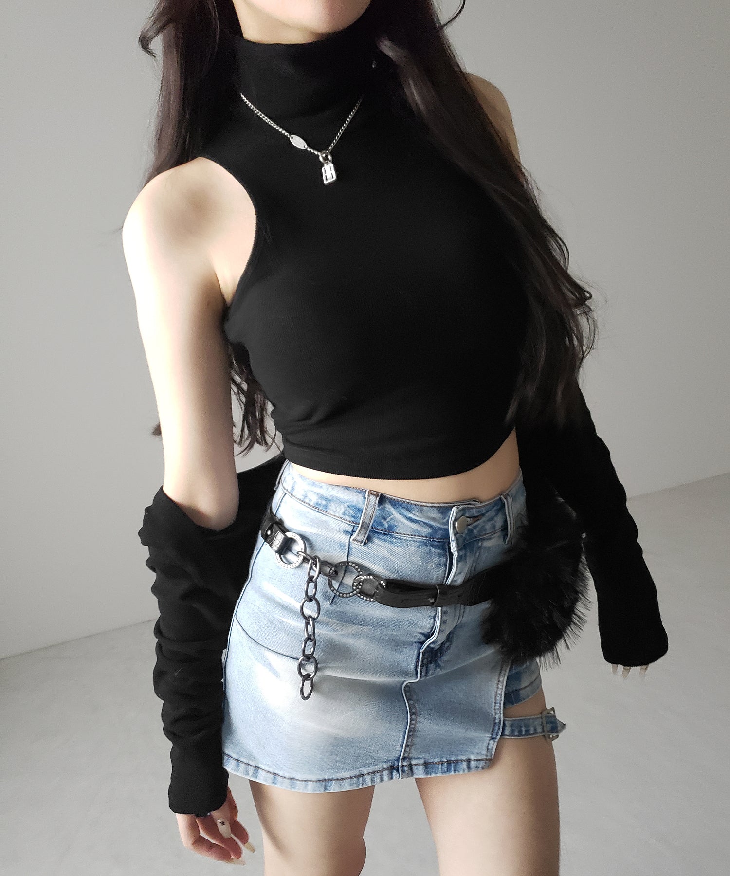【 インパン裏地付 】カットアウトベルトストラップデニムミニスカパン ／ cutout belt strap denim mini skirt pants