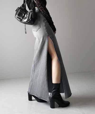 【 ３size 】深スリットダメージデニムロングマーメイドスカート ／ deep slit damage denim long mermaid skirt