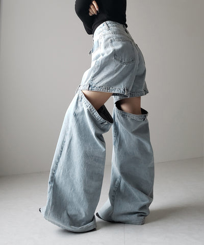 【 選べる３サイズ 】バックオープンカットアウトウォッシュワイドデニム ／ Back open cutout washed wide denim