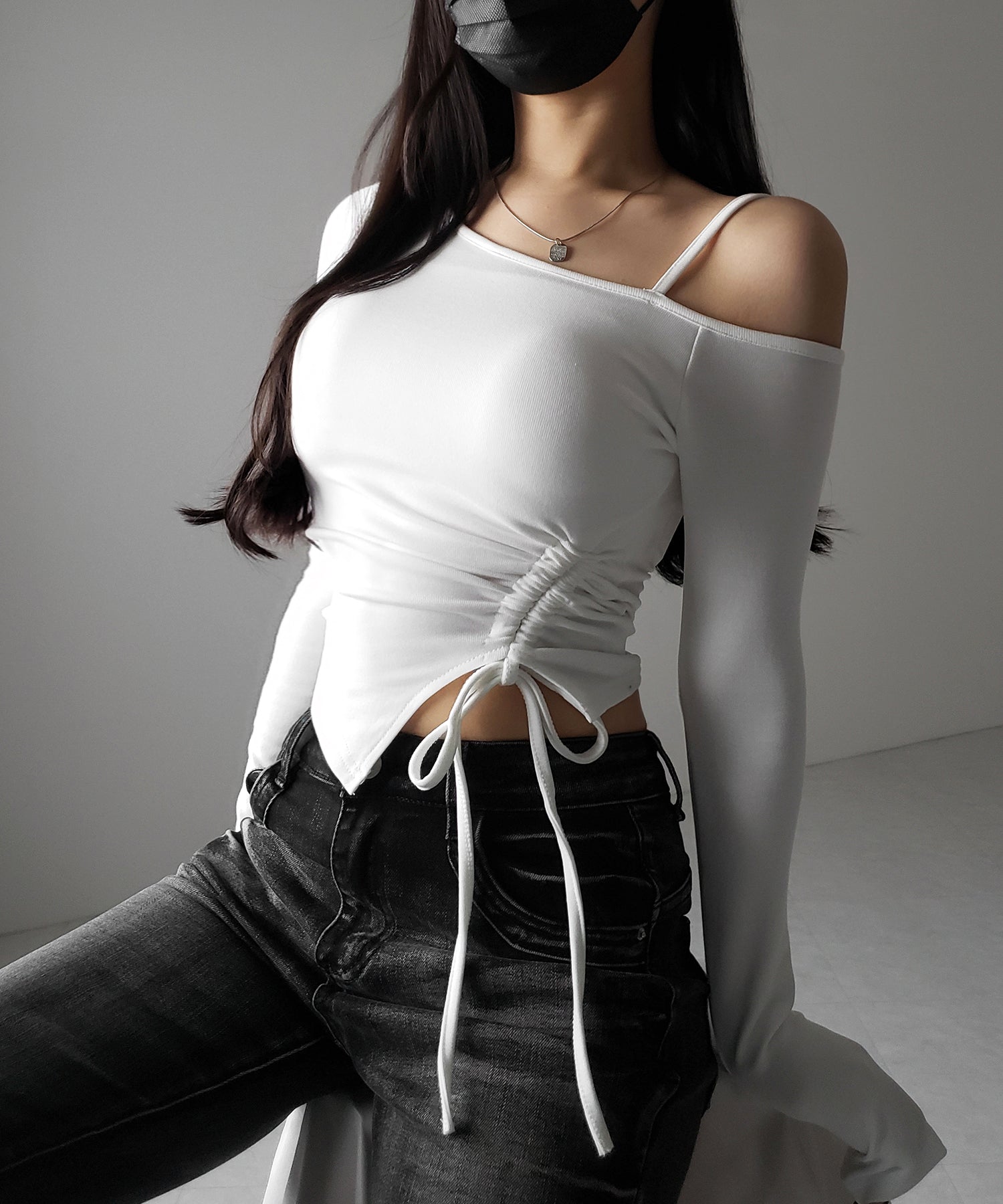 【 裏起毛 ／ カップ付 】サイドシャーリングリボンワンショルトップス ／ side shirring ribbon one shoulder tops