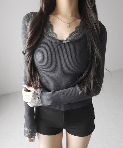 フロントリボンレース切替リブニットトップス ／ front ribbon lace switching ribbed knit tops