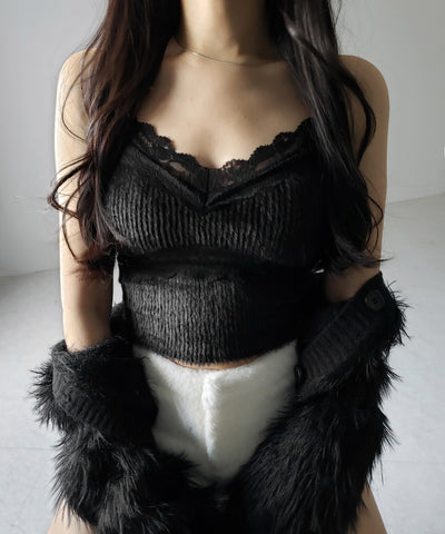 【 カップ付き 】ダブルレースシャギーファーショートビスチェキャミソール ／ double lace shaggy fur short bustier camisole