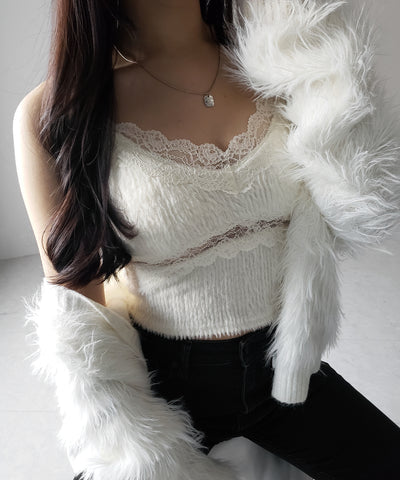 【 カップ付き 】ダブルレースシャギーファーショートビスチェキャミソール ／ double lace shaggy fur short bustier camisole