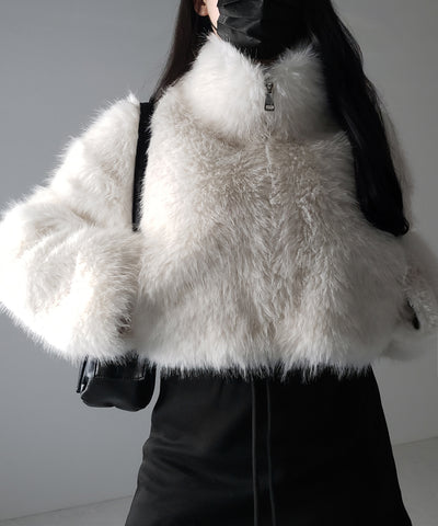 ジップアップスタンドカラーショートフェイクファーコート ／ zip up stand-collar short fake fur coat