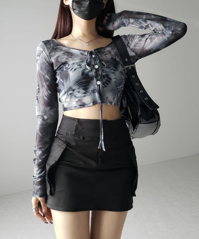 【 ３color ／ ２WAY 】クロスストラップリボンシアーショートカーディガン ／ cross strap ribbon sheer short cardigan
