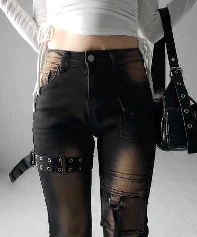 【 ２color ／ ４size 】ベルテッドアウトポケットヴィンテージフレアデニム ／ belted out pocket vintage flare denim