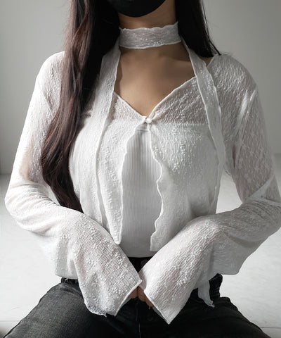 【 ２color ／ ２WAY 】チョーカーロングタイ付きショートシアーカーディガン ／ choker long tie set short sheer cardigan