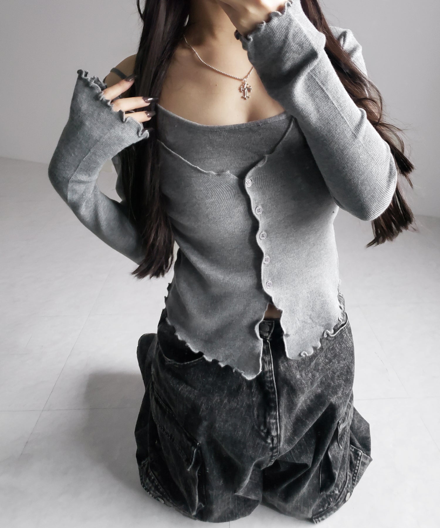 レイヤード風メロースリムニットカーディガン ／ layered mellow slim knit cardigan