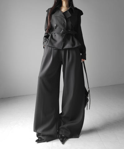 【 上下セットアップ 】ウエストマークショートトレンチコート ＋ タックワイドスラックスパンツ SETUP ／ Waist-mark short trench coat + tuck wide slacks pants