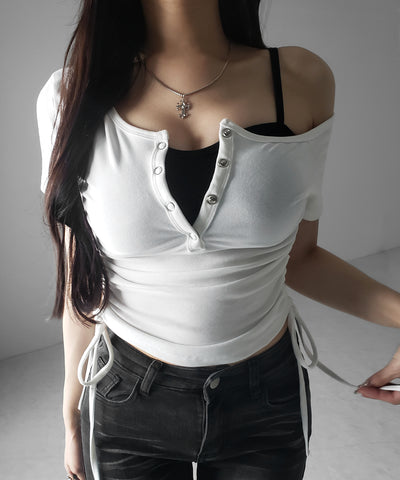【 ２点セット 】ヘンリーネックサイドリボン半袖ぴちＴシャツ ／ Henley neck side ribbon short-sleeve pichi T-shirt
