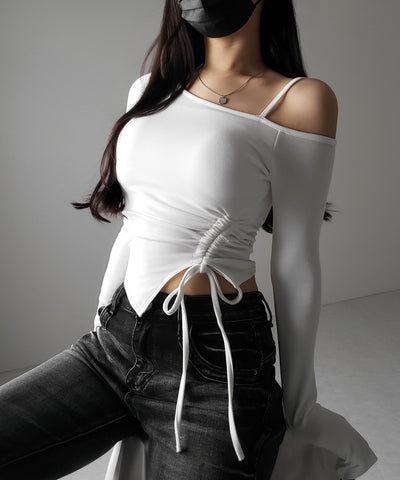【 裏起毛 ／ カップ付 】サイドシャーリングリボンワンショルトップス ／ side shirring ribbon one shoulder tops