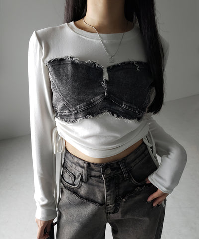 【 ２color 】サイドリボンダメージデニムドッキングＴシャツ ／ side ribbon damage denim docking Tee