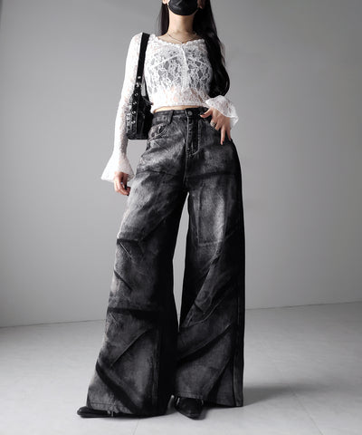 【 ４size 】CRACKクラッシュヘビーブリーチブラックワイドデニム ／ CRACK crash heavy bleach black wide denim