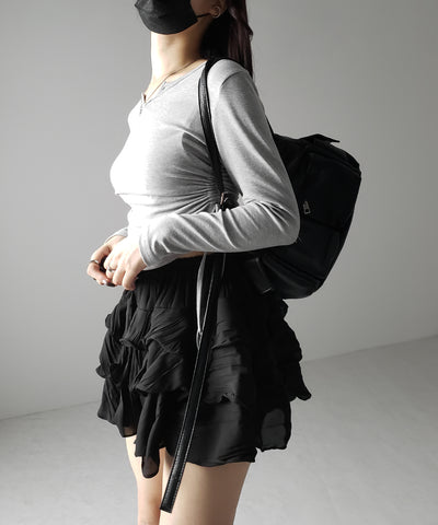 【 インパン裏地付 】３段クリンクルシアーフリルボリュームミニスカート ／ crinkle sheer frill volume mini skirt