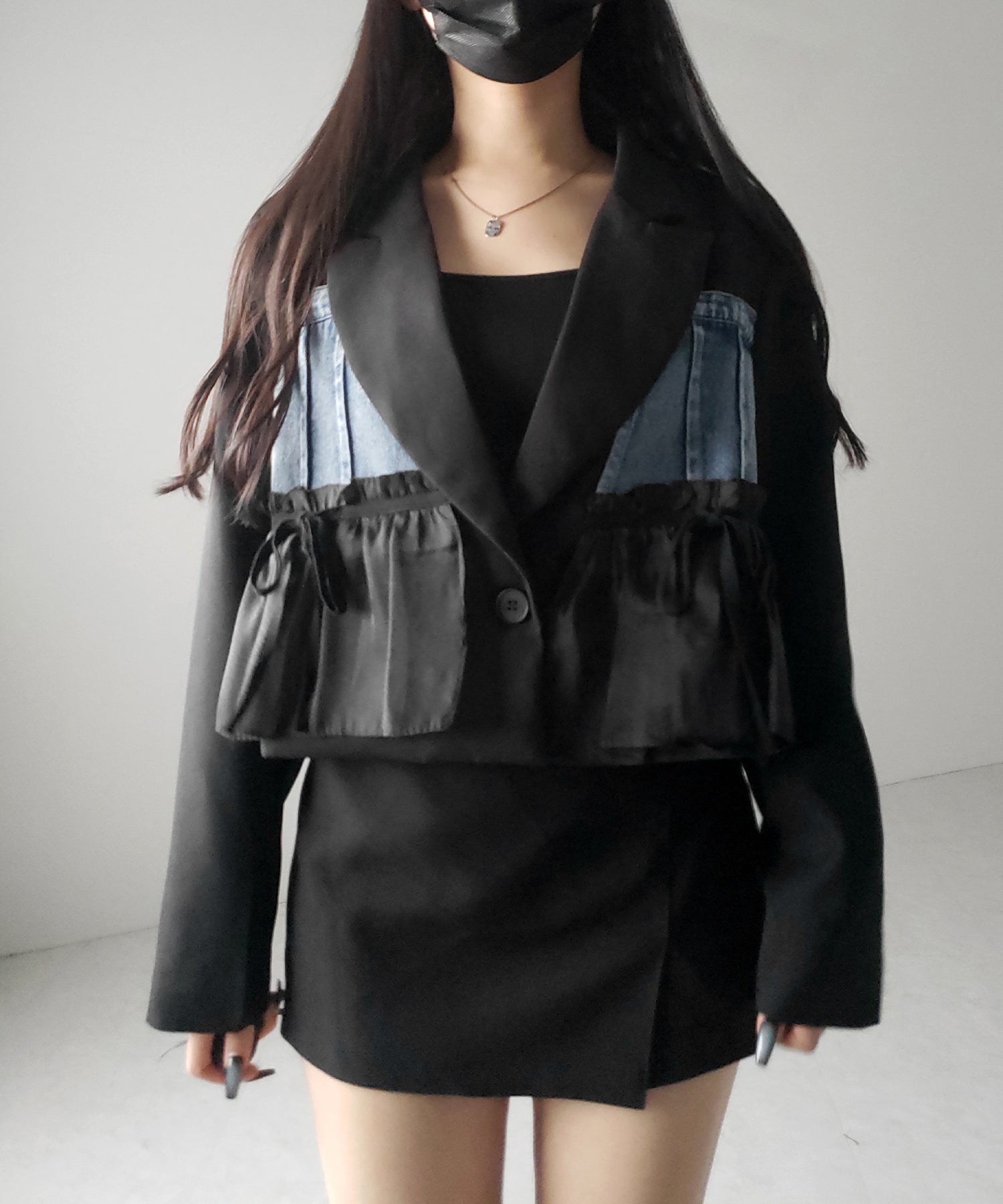デニムフリルドッキングショートテーラードジャケット ／denim frill docking short tailored jacket