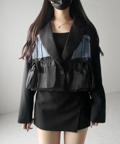 デニムフリルドッキングショートテーラードジャケット ／denim frill docking short tailored jacket