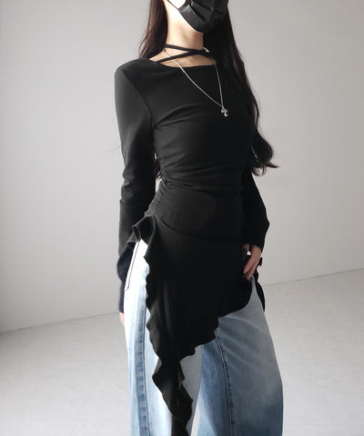 【 ３color 】クロスチョーカーアシンメトリーラッフルフリルトップス ／ cross choker asymmetry ruffle frill tops