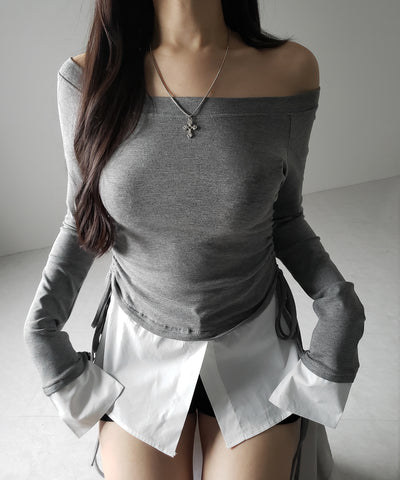 【 ２color ／ ２WAY 】シャツドッキングサイドリボンワンショルトップス ／shirt docking side ribbon oneshoulder tops