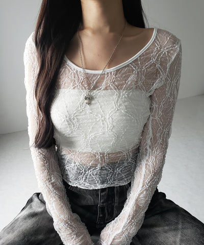 【 ２color ／２WAY 】ワンショルルーズシアーレーストップス ／ one shoulder loose sheer lace tops
