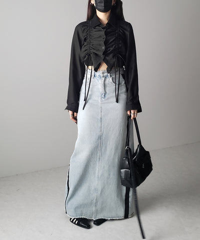 【 ３color 】ダブルリボンシャーリングショートシアーシャツ ／ double shirring ribbon short sheer shirts