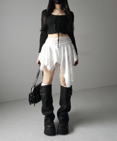 【 ３color 】レースアップフロントリボンショートスリムトップス ／ lace up front ribbon short slim tops