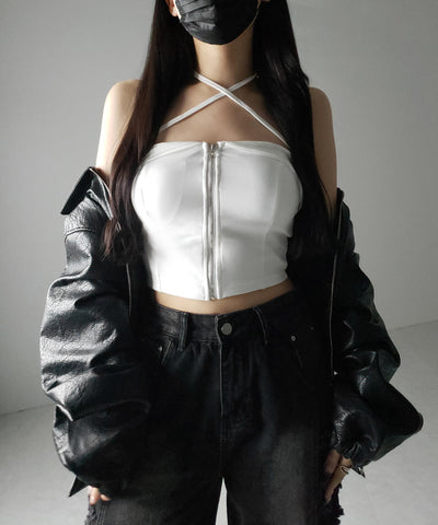 【 ２WAY／ カップ付 】ジップアップクロスストラップリボンベアトップス ／ zip up cross strap ribbon bare tops