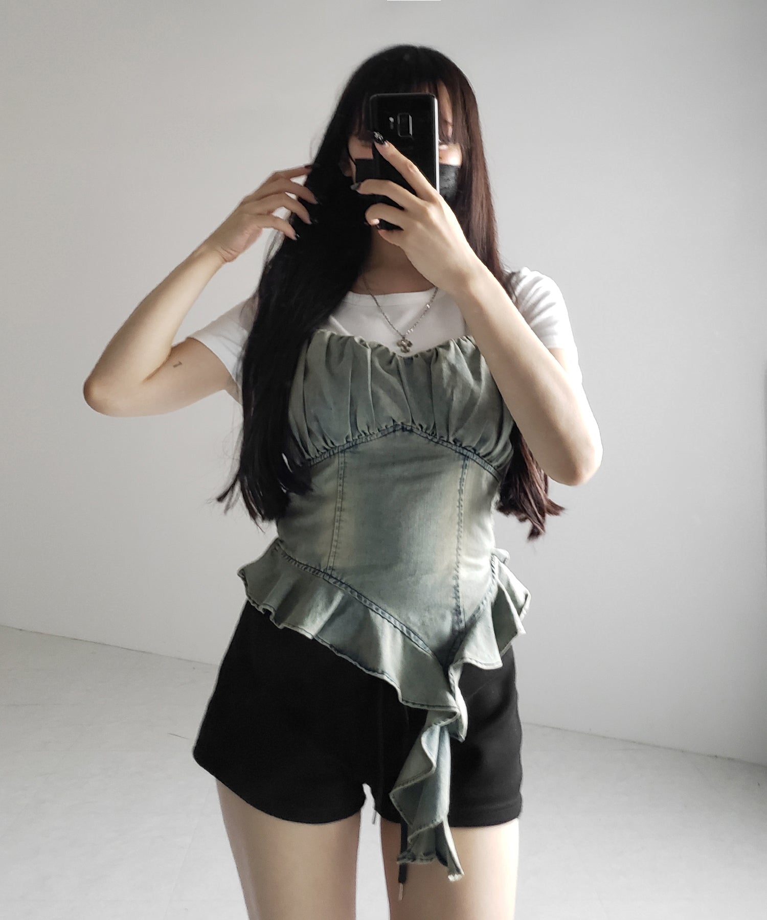 【 ２点セット 】ヴィンテージデニムビスチェ ＆ 半袖レイヤードＴシャツセット ／ vintage denim bustier & short sleeve layered Ｔ-shirts set