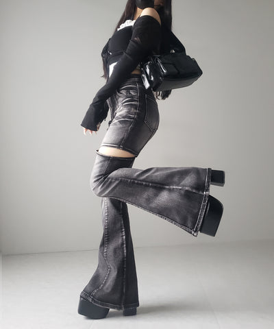 【 ２color ／ ３size 】カットアウトヴィンテージストレッチフレアデニム ／ cutout vintage stretch flare denim