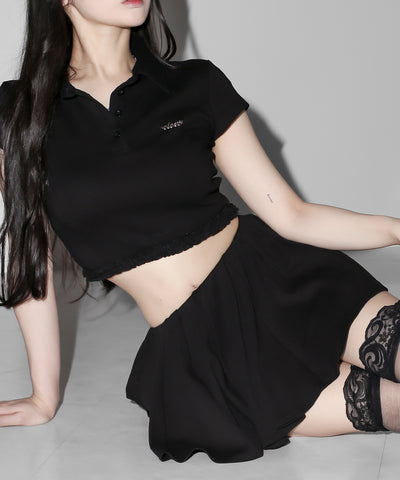 【 セットアップ 】ロゴプレート半袖トップス＋フレアミニスカパン SET ／( SETUP ) logo plate short sleeve tops + flared mini skirt pants