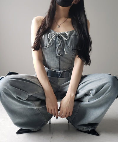 【 ２color 】レースアップリボンコルセットデニムビスチェ ／ lace up ribbon corset denim bustier