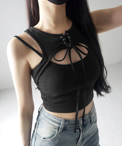 【 ２color 】レースアップリボンカットアウトリブショートタンク ／ laceup ribbon cutout rib short tank