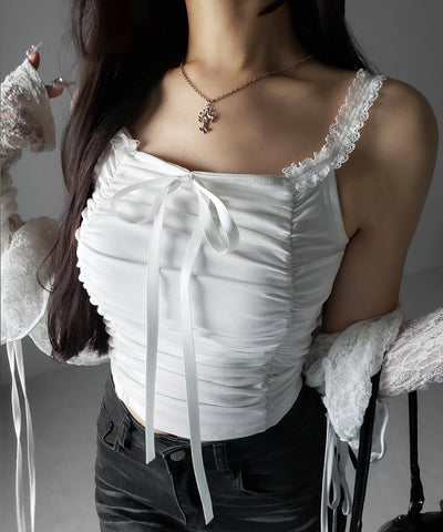 シャーリングギャザーフロントリボンキャミソール ／ shirring gather front ribbon camisole
