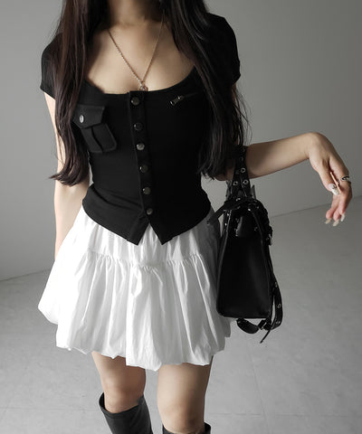 【 ２color ／インパン裏地付き 】ティアードコットンバルーンミニスカート ／ tiered cotton balloon mini skirt