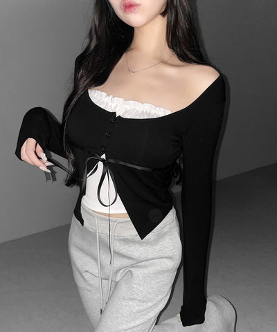 フリルレイヤードリボンカーディガントップス ／ frill layered ribbon cardigan tops