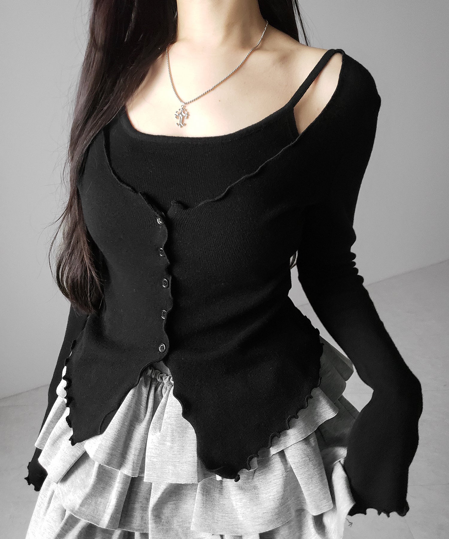 レイヤード風メロースリムニットカーディガン ／ layered mellow slim knit cardigan