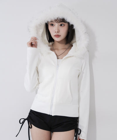 フェイクファーフーディジップアップパーカー ／ fake fur hooded zipup hoodie
