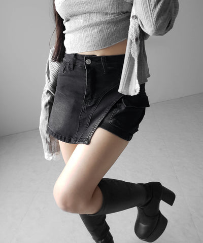 カーゴポケットレイヤードデニムミニスカパン ／ cargo pocket layered denim mini skirt pants